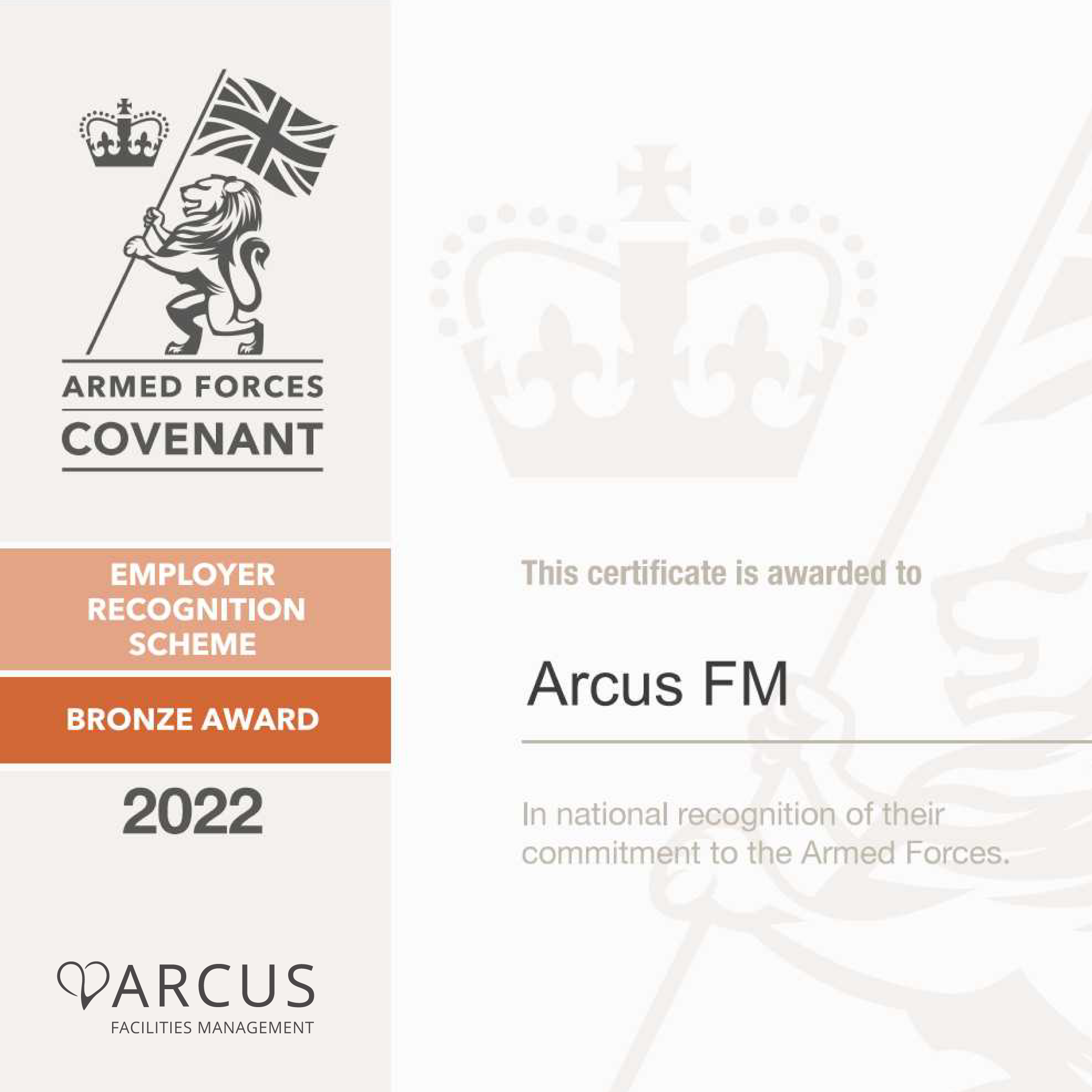 Employer Defence Recognition Certificate - Bronze Awarded to Arcus FM